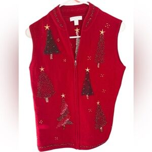 Charter Club Red Wool Vest with Christmas tree Embroidery, Petite